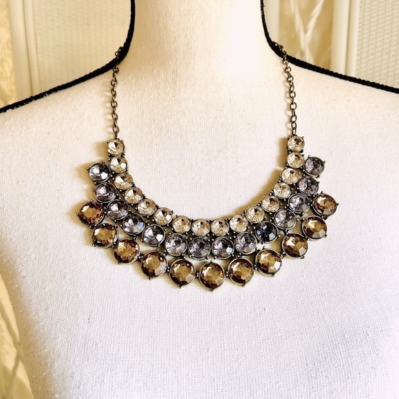 Necklace Crystal Triple Row Clear Smokey and Amber Adjustable Length Statement - Picture 4 of 11